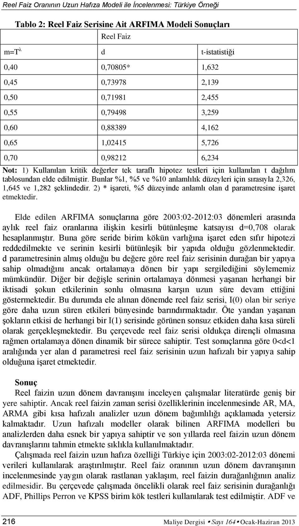 elde edilmiştir. Bunlar %1, %5 ve %10 anlamlılık düzeyleri için sırasıyla 2,326, 1,645 ve 1,282 şeklindedir. 2) * işareti, %5 düzeyinde anlamlı olan d parametresine işaret etmektedir.