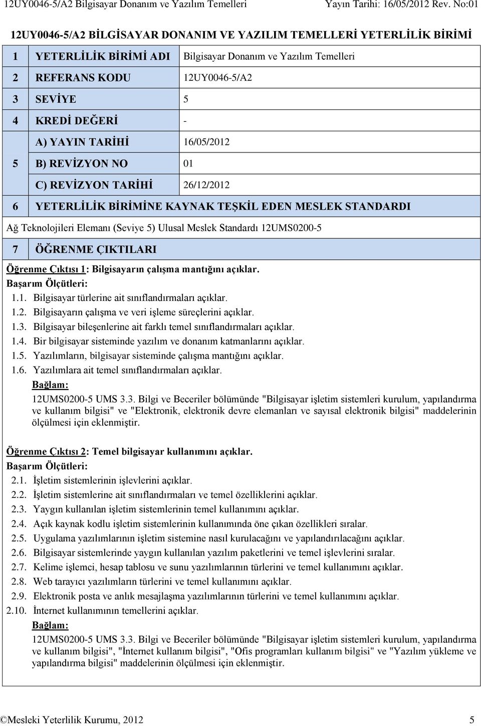 Teknolojileri Elemanı (Seviye 5) Ulusal Meslek Standardı 12UMS0200-5 7 ÖĞRENME ÇIKTILARI Öğrenme Çıktısı 1: Bilgisayarın çalışma mantığını açıklar. 1.1. Bilgisayar türlerine ait sınıflandırmaları açıklar.