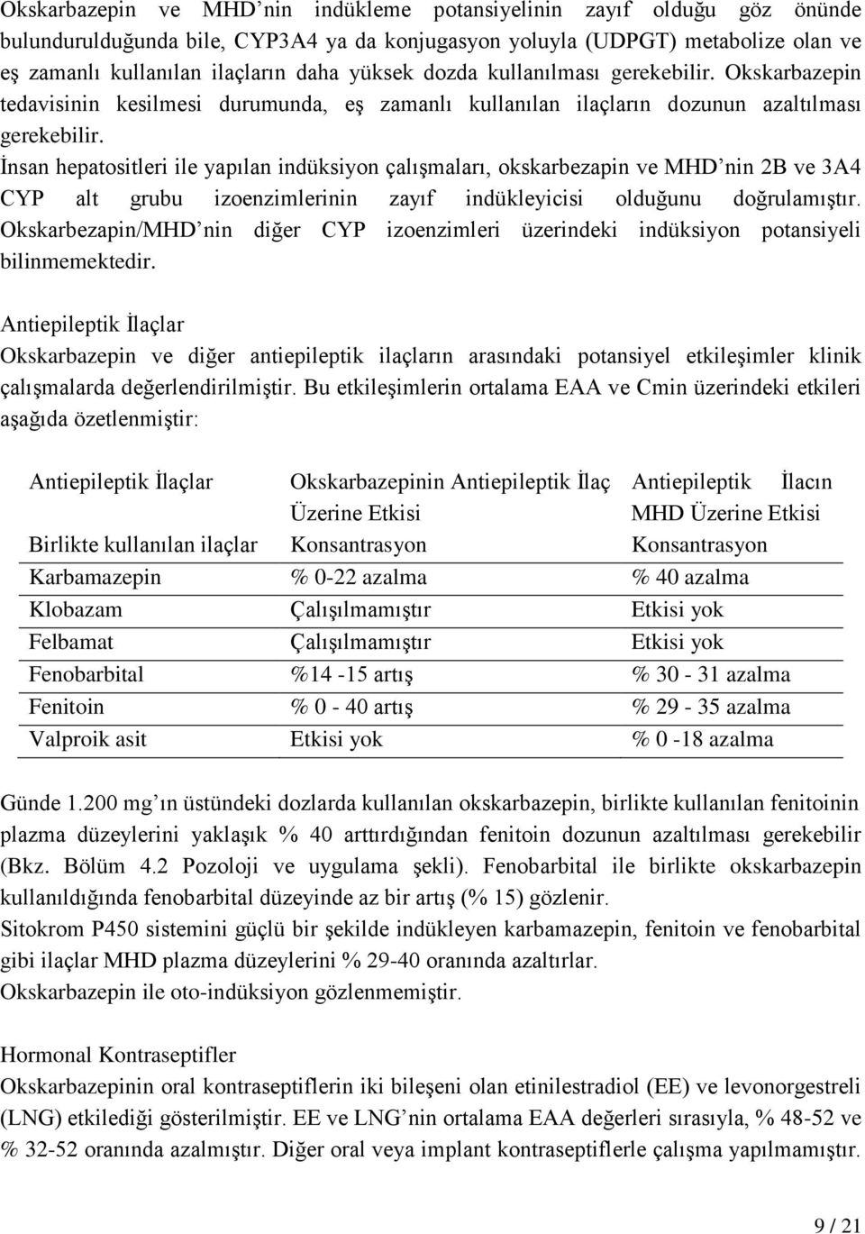 İnsan hepatositleri ile yapılan indüksiyon çalışmaları, okskarbezapin ve MHD nin 2B ve 3A4 CYP alt grubu izoenzimlerinin zayıf indükleyicisi olduğunu doğrulamıştır.