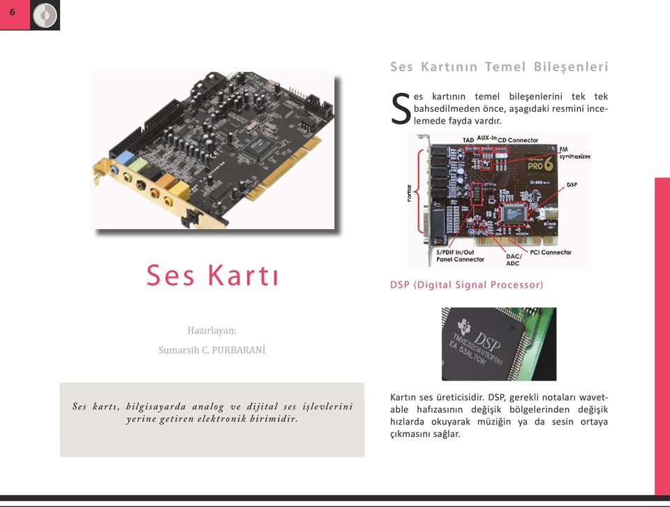 PURBARANİ S e s k a r tı, bilg isayarda analog ve dijital ses işlevlerini yerine getiren elekt r onik bir imidir.