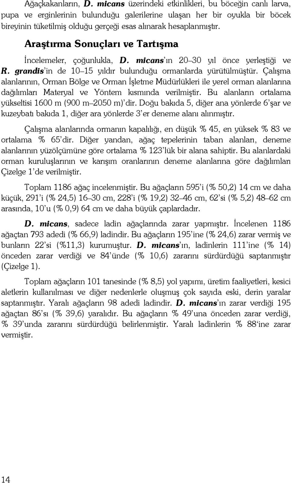 Araştırma Sonuçları ve Tartışma İncelemeler, çoğunlukla, D. micans ın 20 30 yıl önce yerleştiği ve R. grandis in de 10 15 yıldır bulunduğu ormanlarda yürütülmüştür.