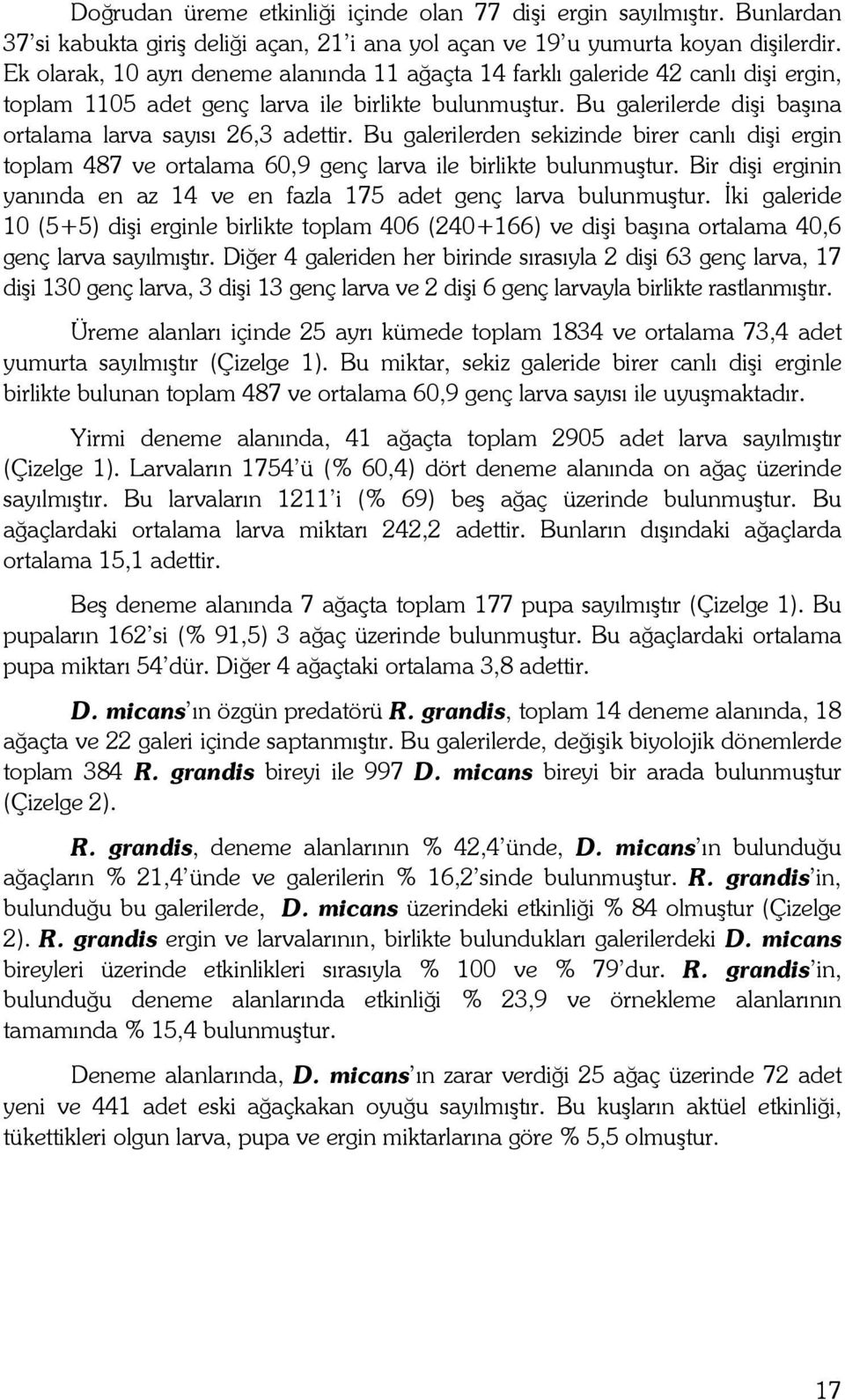 Bu galerilerde dişi başına ortalama larva sayısı 26,3 adettir. Bu galerilerden sekizinde birer canlı dişi ergin toplam 487 ve ortalama 60,9 genç larva ile birlikte bulunmuştur.