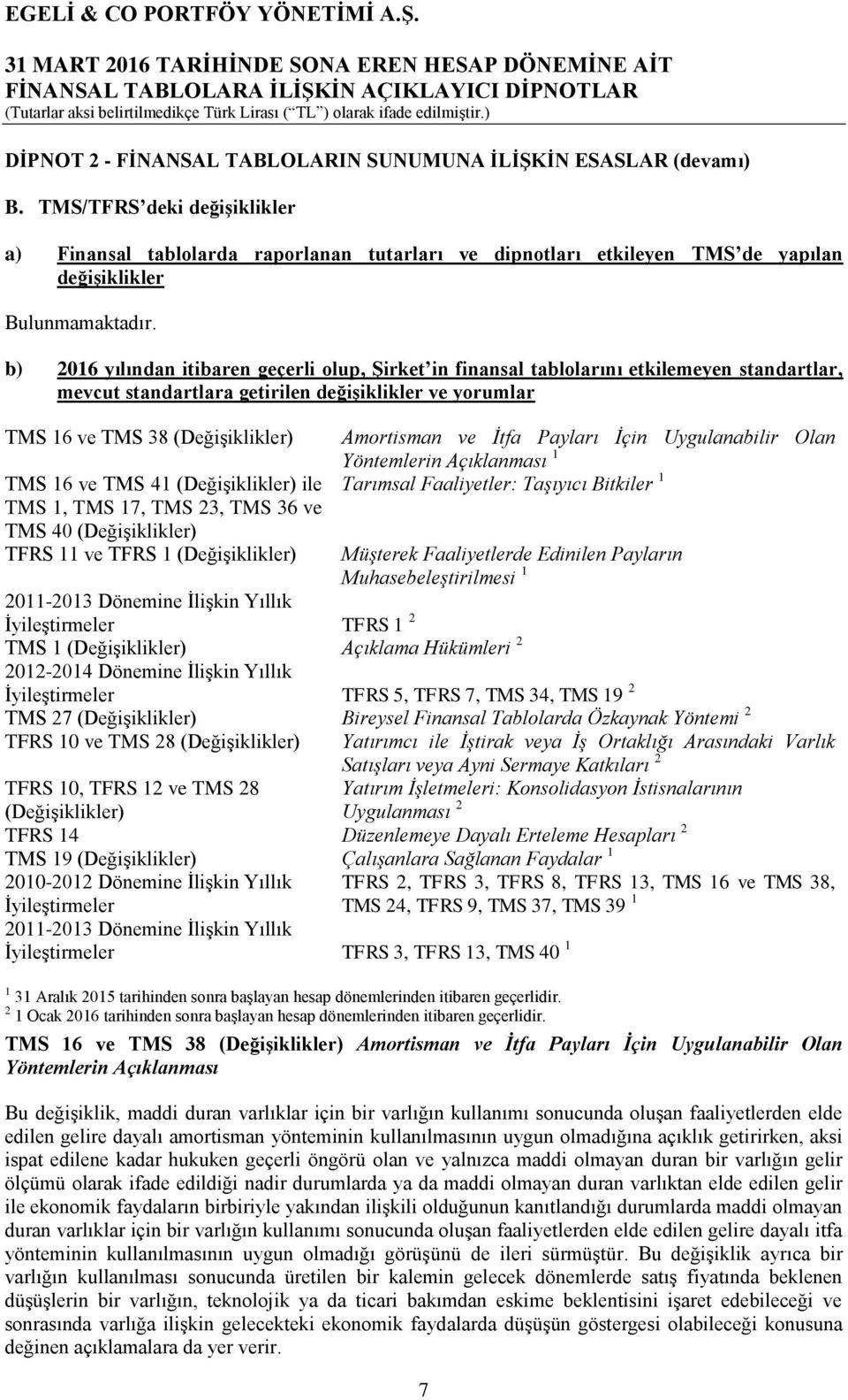 b) 2016 yılından itibaren geçerli olup, Şirket in finansal tablolarını etkilemeyen standartlar, mevcut standartlara getirilen değişiklikler ve yorumlar TMS 16 ve TMS 38 (Değişiklikler) TMS 16 ve TMS