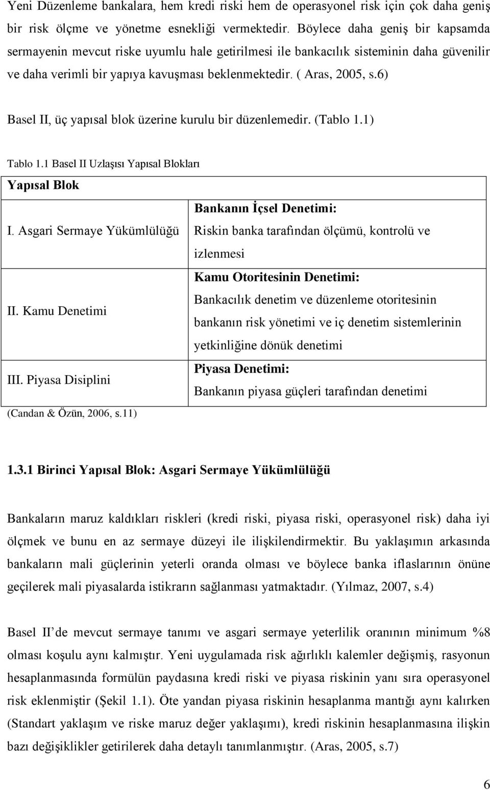 6) Basel II, üç yapısal blok üzerine kurulu bir düzenlemedir. (Tablo 1.1) Tablo 1.1 Basel II Uzlaşısı Yapısal Blokları Yapısal Blok Bankanın Ġçsel Denetimi: I.