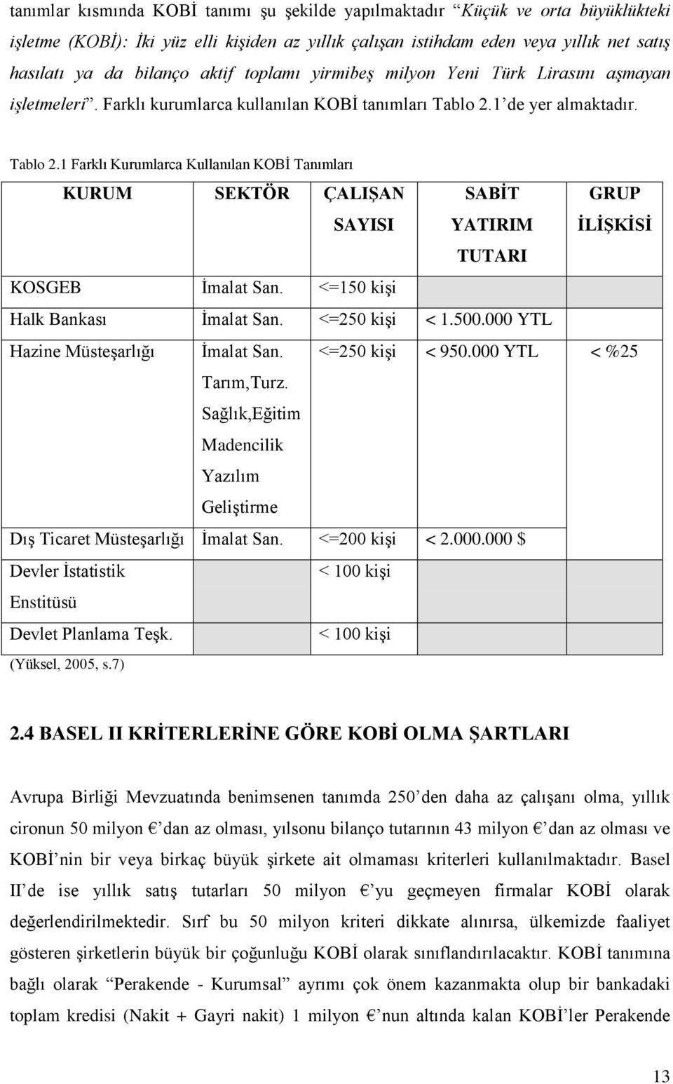 1 de yer almaktadır. Tablo 2.1 Farklı Kurumlarca Kullanılan KOBİ Tanımları KURUM SEKTÖR ÇALIġAN SAYISI SABĠT YATIRIM GRUP ĠLĠġKĠSĠ TUTARI KOSGEB İmalat San. <=150 kişi Halk Bankası İmalat San.