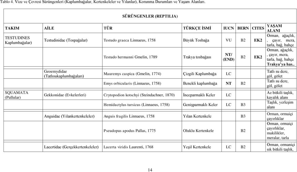 EK2 Geoemydidae (Tatlısukaplumbağaları) Testudo hermanni Gmelin, 1789 Trakya tosbağası NT/ (END) Mauremys caspica (Gmelin, 1774) Çizgili Kaplumbağa LC Emys orbicularis (Linnaeus, 1758) Benekli