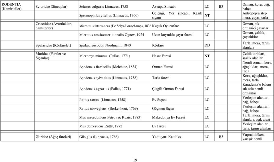1840 Körfare DD Muridae (Fareler ve Sıçanlar) Micromys minutus (Pallas, 1771) Hasat Faresi NT Apodemus flavicollis (Melchior, 1834) Orman Faresi LC Apodemus sylvaticus (Linnaeus, 1758) Tarla faresi