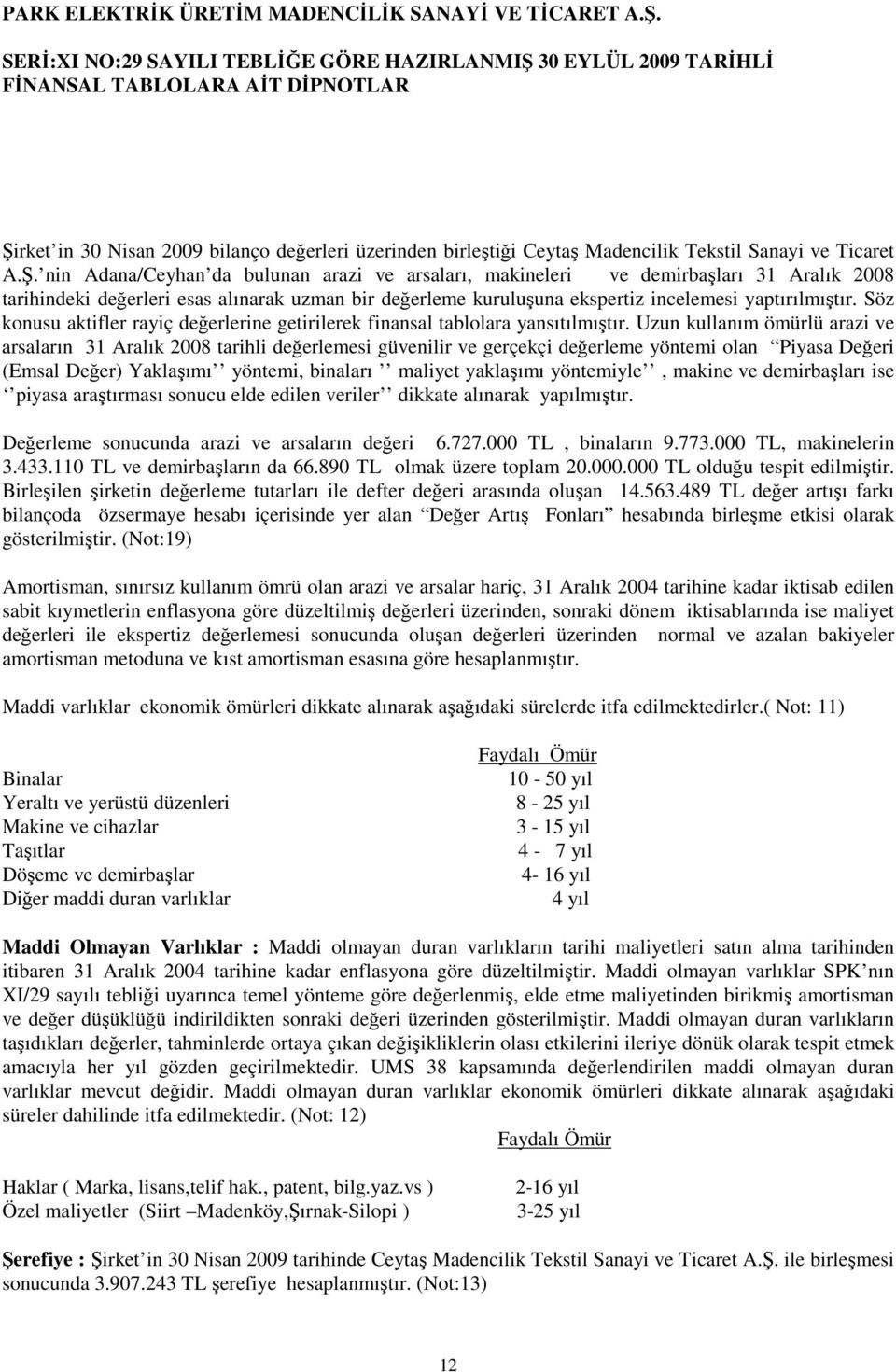 Uzun kullanım ömürlü arazi ve arsaların 31 Aralık 2008 tarihli değerlemesi güvenilir ve gerçekçi değerleme yöntemi olan Piyasa Değeri (Emsal Değer) Yaklaşımı yöntemi, binaları maliyet yaklaşımı