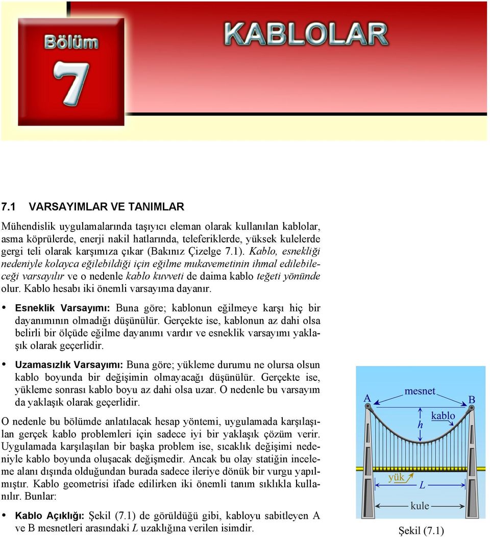 Kablo hesabı iki önemli varsayıma dayanır. Esneklik Varsayımı: Buna göre; kablonun eğilmeye karşı hiç bir dayanımının olmadığı düşünülür.