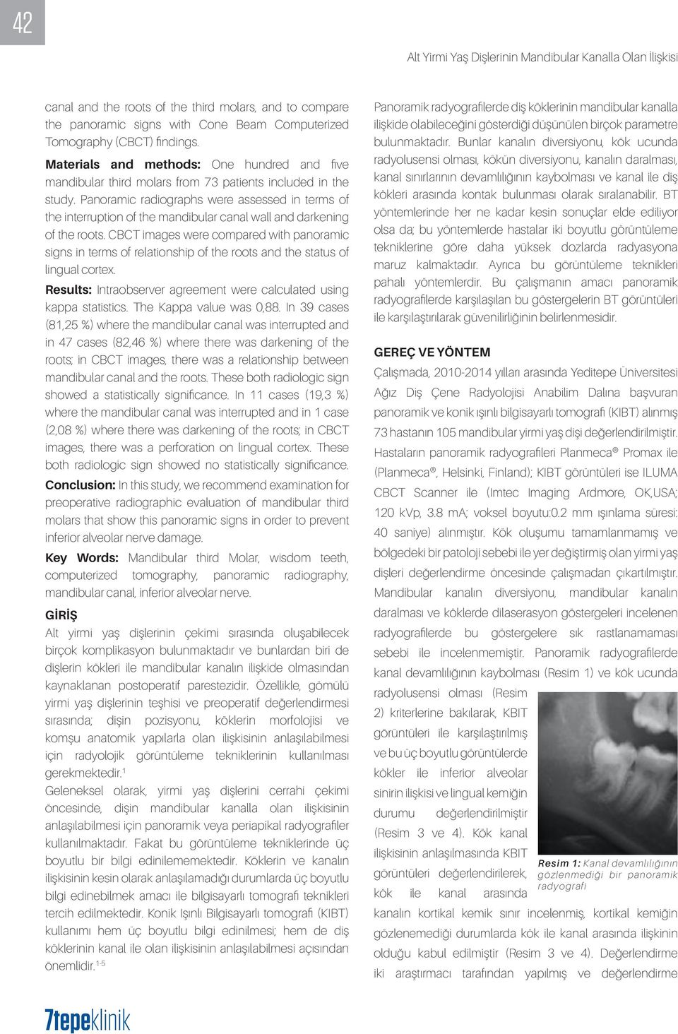 Panoramic radiographs were assessed in terms of the interruption of the mandibular canal wall and darkening of the roots.