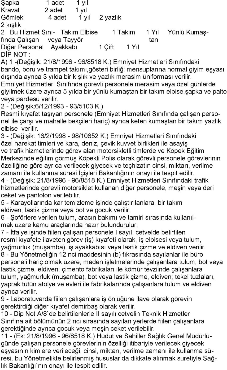 ) Emniyet Hizmetleri Sınıfındaki bando, boru ve trampet takımı,gösteri birliği mensuplarına normal giyim eşyası dışında ayrıca 3 yılda bir kışlık ve yazlık merasim üniforması Emniyet Hizmetleri