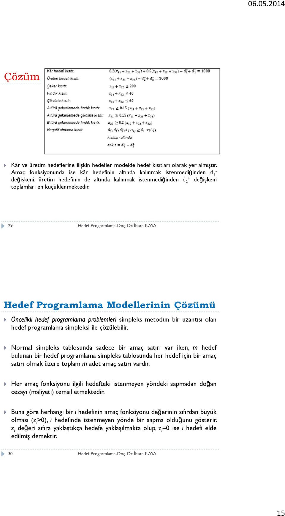 9 Heef Programlama Moellerinin Çözümü Öncelikli heef programlama problemleri simpleks metoun bir uzantısı olan heef programlama simpleksi ile çözülebilir.