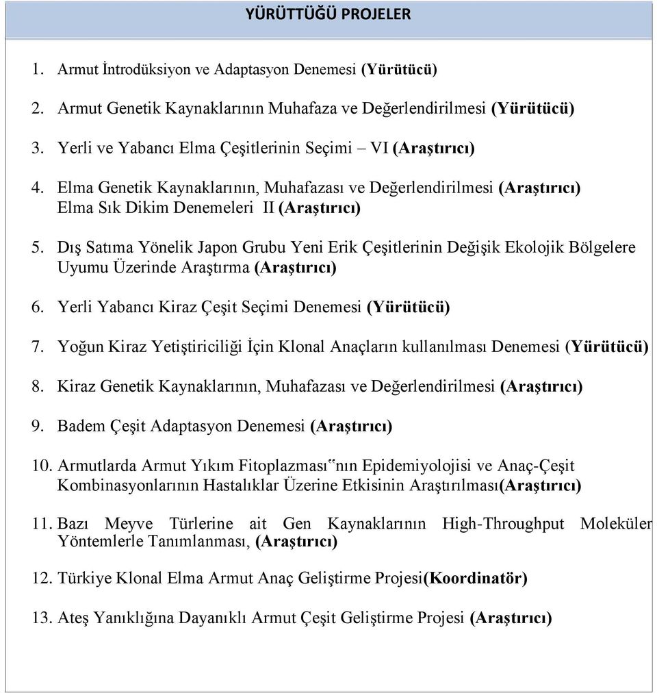 Dış Satıma Yönelik Japon Grubu Yeni Erik Çeşitlerinin Değişik Ekolojik Bölgelere Uyumu Üzerinde Araştırma (Araştırıcı) 6. Yerli Yabancı Kiraz Çeşit Seçimi Denemesi (Yürütücü) 7.