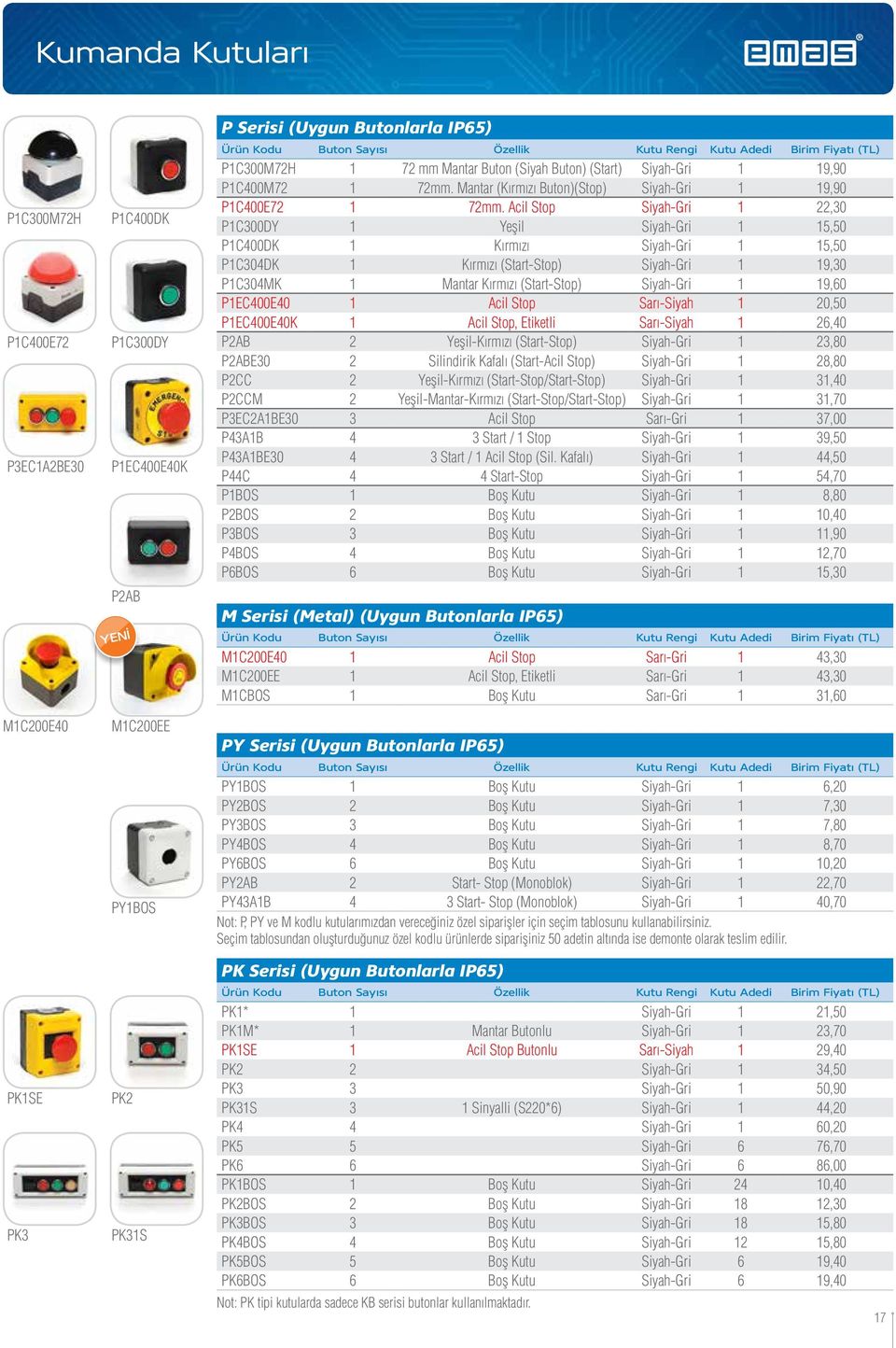 Acil Stop Siyah-Gri 1 22,30 P1C300DY 1 Yeflil Siyah-Gri 1 15,50 P1C400DK 1 K rm z Siyah-Gri 1 15,50 P1C304DK 1 K rm z (Start-Stop) Siyah-Gri 1 19,30 P1C304MK 1 Mantar K rm z (Start-Stop) Siyah-Gri 1