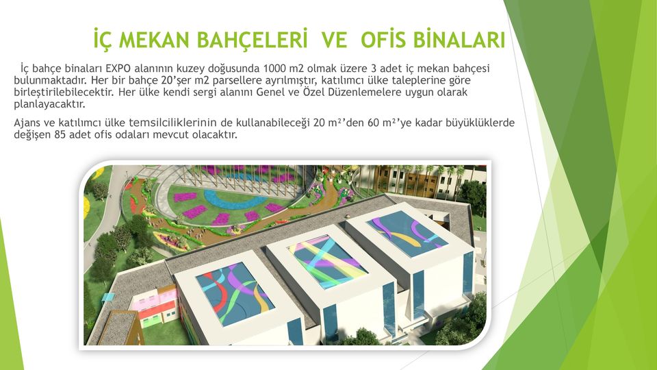 Her bir bahçe 20 şer m2 parsellere ayrılmıştır, katılımcı ülke taleplerine göre birleştirilebilecektir.