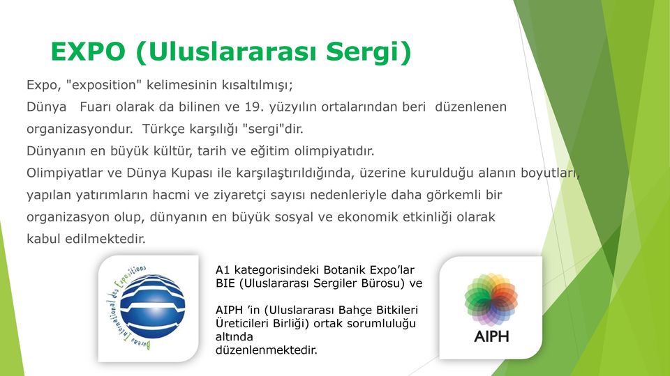 Olimpiyatlar ve Dünya Kupası ile karşılaştırıldığında, üzerine kurulduğu alanın boyutları, yapılan yatırımların hacmi ve ziyaretçi sayısı nedenleriyle daha görkemli bir