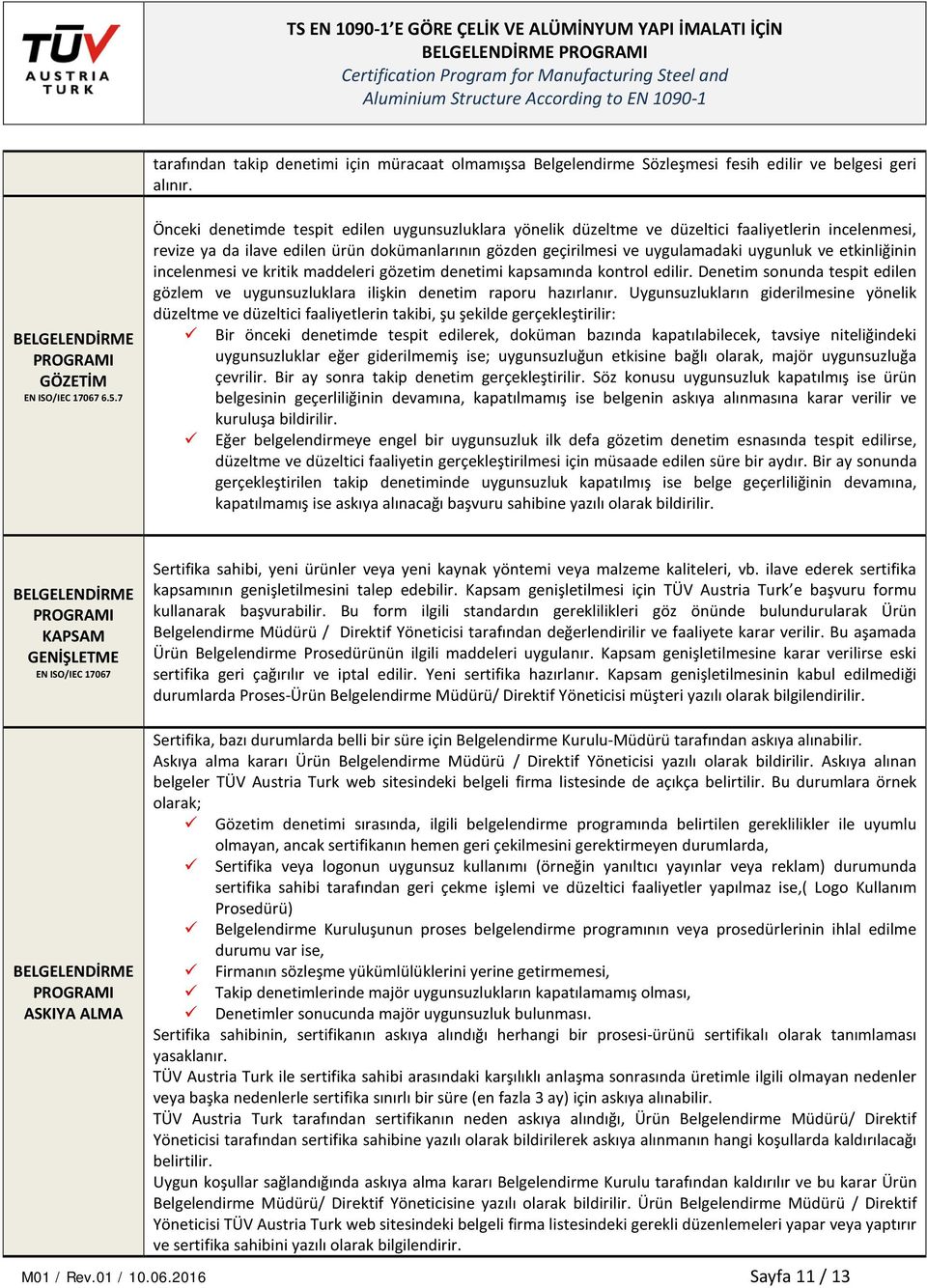 etkinliğinin incelenmesi ve kritik maddeleri gözetim denetimi kapsamında kontrol edilir. Denetim sonunda tespit edilen gözlem ve uygunsuzluklara ilişkin denetim raporu hazırlanır.