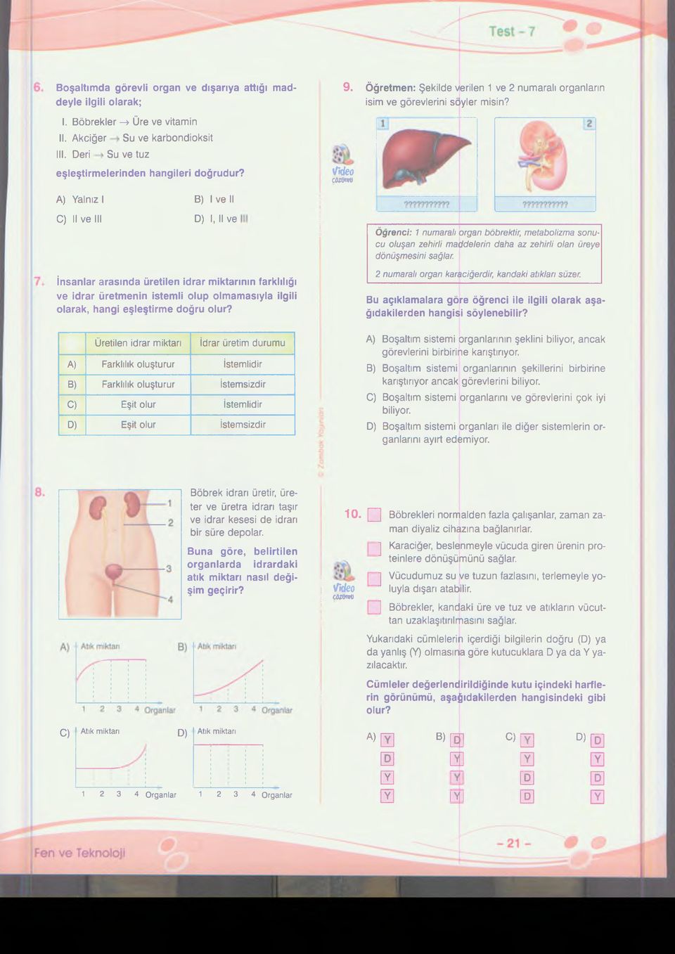 A) Yalnız I C) II ve III B) İv e li D) I, II ve Öğrenci: 1 numaralı organ böbrektir, metabolizma sonucu oluşan zehirli maddelerin daha az zehirli olan üreye dönüşmesini sağlar.