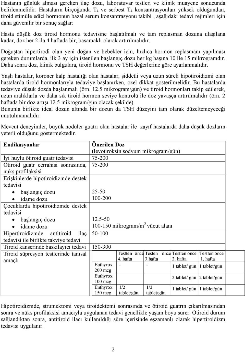 sağlar: Hasta düşük doz tiroid hormonu tedavisine başlatılmalı ve tam replasman dozuna ulaşılana kadar, doz her 2 ila 4 haftada bir, basamaklı olarak artırılmalıdır.