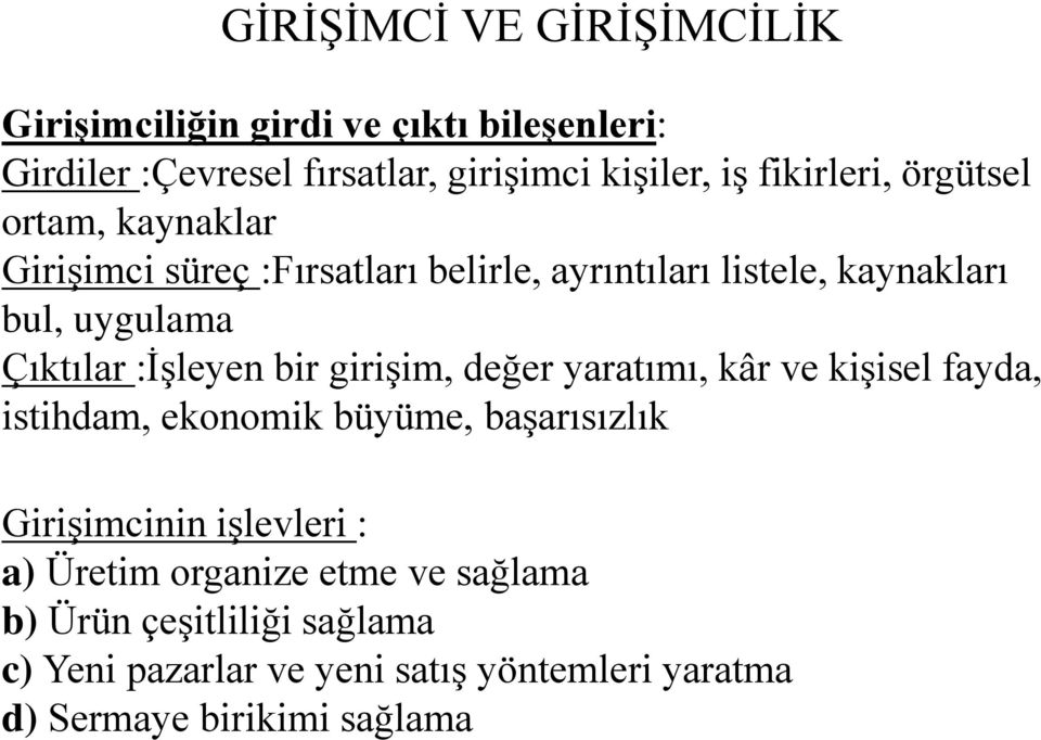 :İşleyen bir girişim, değer yaratımı, kâr ve kişisel fayda, istihdam, ekonomik büyüme, başarısızlık Girişimcinin işlevleri : a)