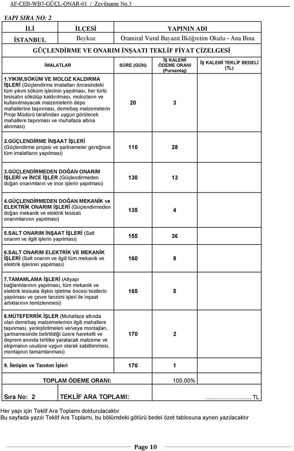 mahallerine taşınması, demirbaş malzemelerin Proje Müdürü tarafından uygun görülecek mahallere taşınması ve muhafaza altına alınması) SÜRE (GÜN) İŞ KALEMİ ÖDEME ORANI (Pursantaj) 20 3 İŞ KALEMİ