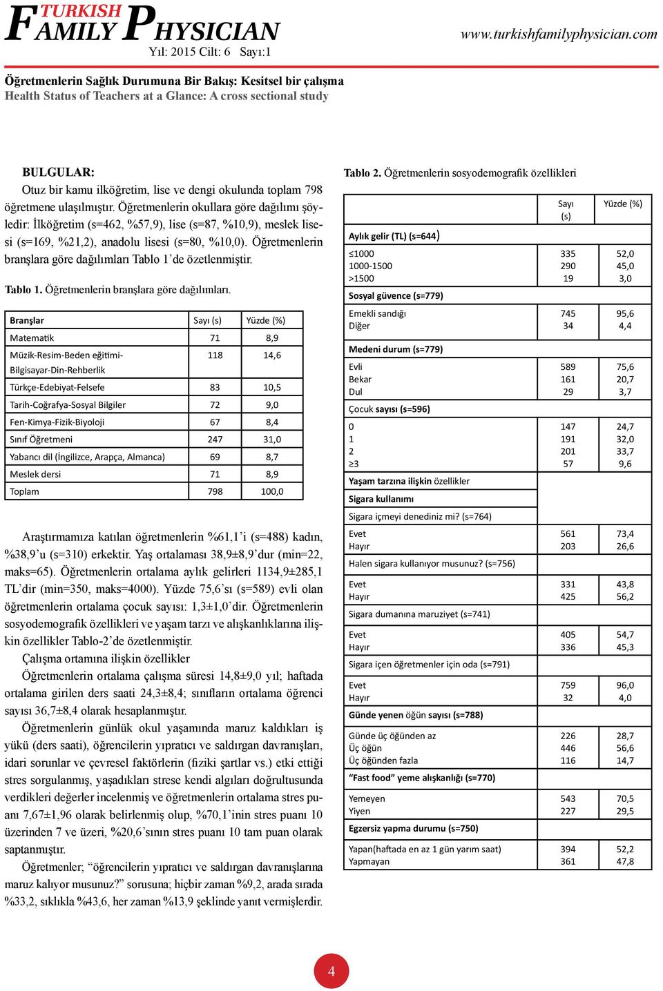 Öğretmenlerin branşlara göre dağılımları Tablo 1 de özetlenmiştir. Tablo 1. Öğretmenlerin branşlara göre dağılımları.