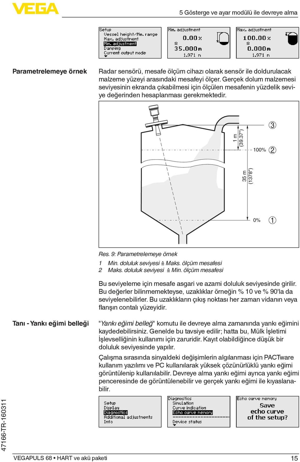 9: Parametrelemeye örnek 1 Min. doluluk seviyesi Maks. ölçüm mesafesi 2 Maks. doluluk seviyesi Min. ölçüm mesafesi Bu seviyeleme için mesafe asgari ve azami doluluk seviyesinde girilir.