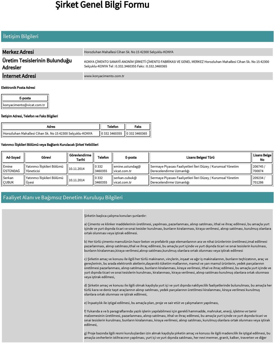 konyacimento.com.tr Elektronik Posta Adresi E-posta konyacimento@vicat.com.tr İletişim Adresi, Telefon ve Faks Bilgileri Adres Telefon Faks Horozluhan Mahallesi Cihan Sk.