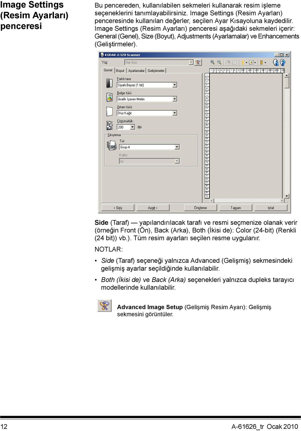 Image Settings (Resim Ayarları) penceresi aşağıdaki sekmeleri içerir: General (Genel), Size (Boyut), Adjustments (Ayarlamalar) ve Enhancements (Geliştirmeler).