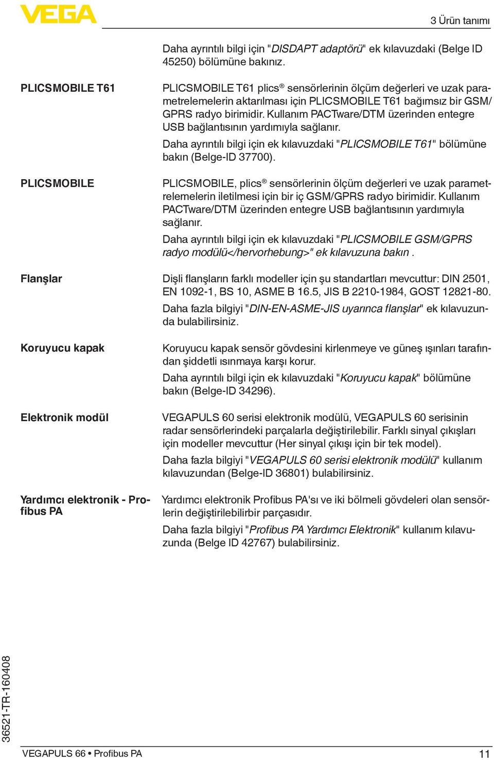 PLICSMOBILE T61 bağımsız bir GSM/ GPRS radyo birimidir. Kullanım PACTware/DTM üzerinden entegre USB bağlantısının yardımıyla sağlanır.