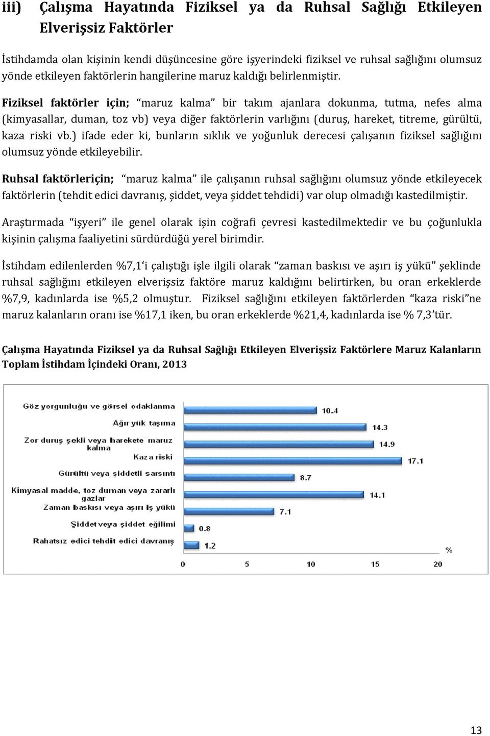 Fiziksel faktörler için; maruz kalma bir takım ajanlara dokunma, tutma, nefes alma (kimyasallar, duman, toz vb) veya diğer faktörlerin varlığını (duruş, hareket, titreme, gürültü, kaza riski vb.