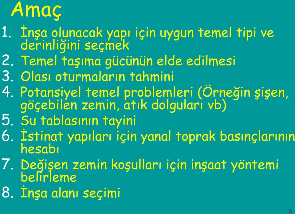 Potansiyel temel problemleri (Örneğin şişen, göçebilen zemin, atık dolguları vb) 5.