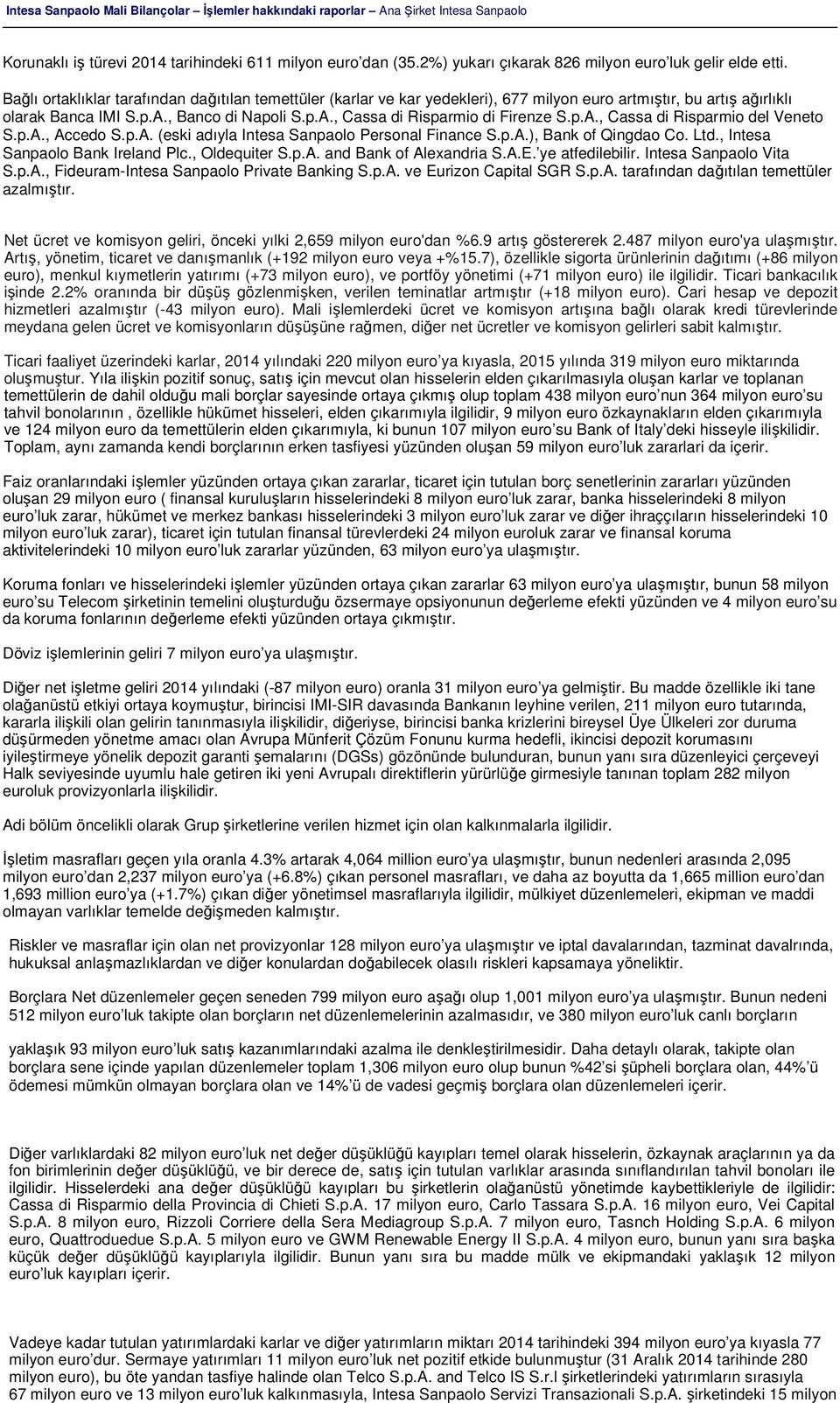 A., Banco di Napoli S.p.A., Cassa di Risparmio di Firenze S.p.A., Cassa di Risparmio del Veneto S.p.A., Accedo S.p.A. (eski adıyla Intesa Sanpaolo Personal Finance S.p.A.), Bank of Qingdao Co. Ltd.