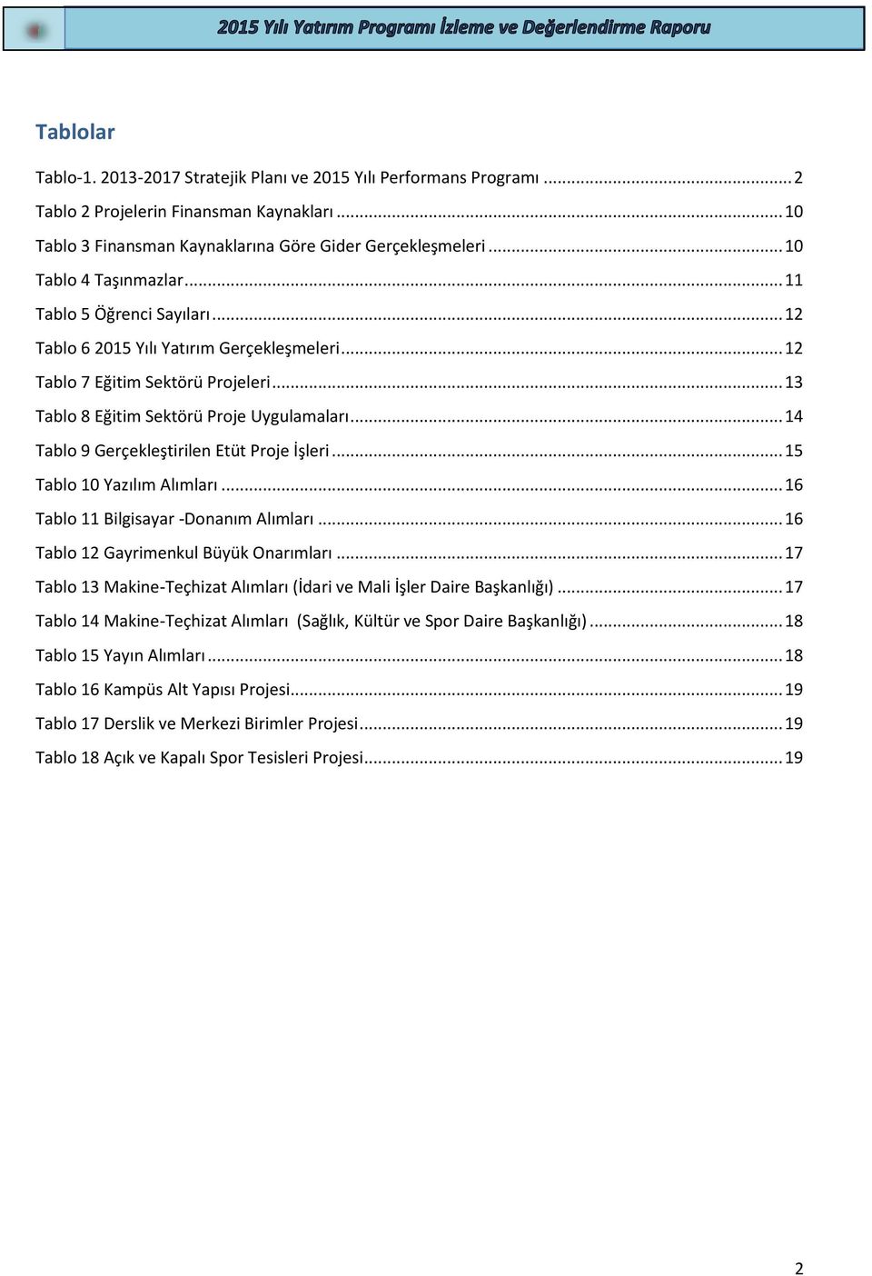 .. Tablo 9 Gerçekleştirilen Etüt Proje İşleri... 5 Tablo 0 Yazılım Alımları... 6 Tablo Bilgisayar -Donanım Alımları... 6 Tablo 2 Gayrimenkul Büyük Onarımları.