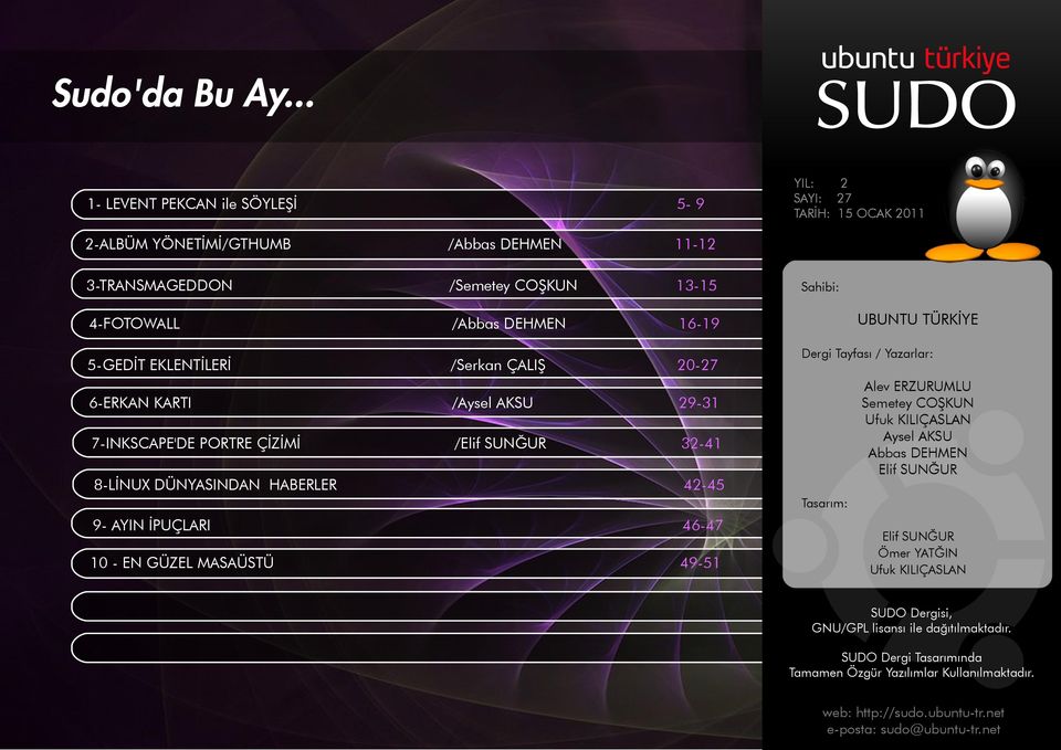 Yazarlar: Alev ERZURUMLU Semetey COŞKUN Ufuk KILIÇASLAN Aysel AKSU Abbas DEHMEN Elif SUNĞUR 42-45 Tasarım: 9- AYIN İPUÇLARI 46-47 10 - EN GÜZEL MASAÜSTÜ 49-51 Elif SUNĞUR Ömer YATĞIN