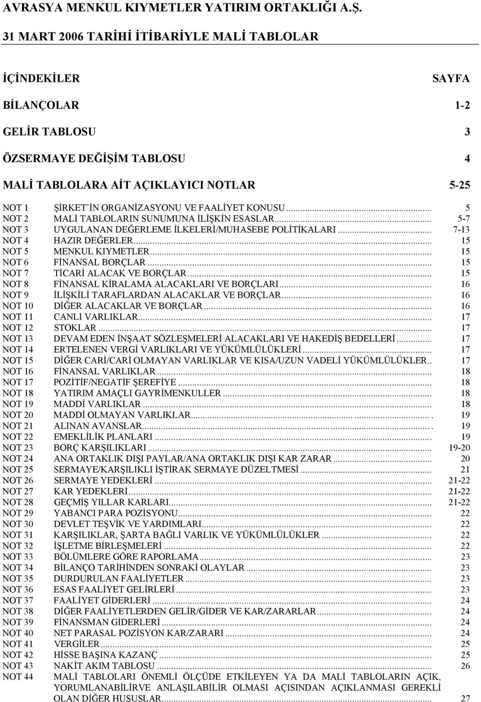 FAALİYET KONUSU... 5 NOT 2 MALİ TABLOLARIN SUNUMUNA İLİŞKİN ESASLAR... 5-7 NOT 3 UYGULANAN DEĞERLEME İLKELERİ/MUHASEBE POLİTİKALARI... 7-13 NOT 4 HAZIR DEĞERLER... 15 NOT 5 MENKUL KIYMETLER.