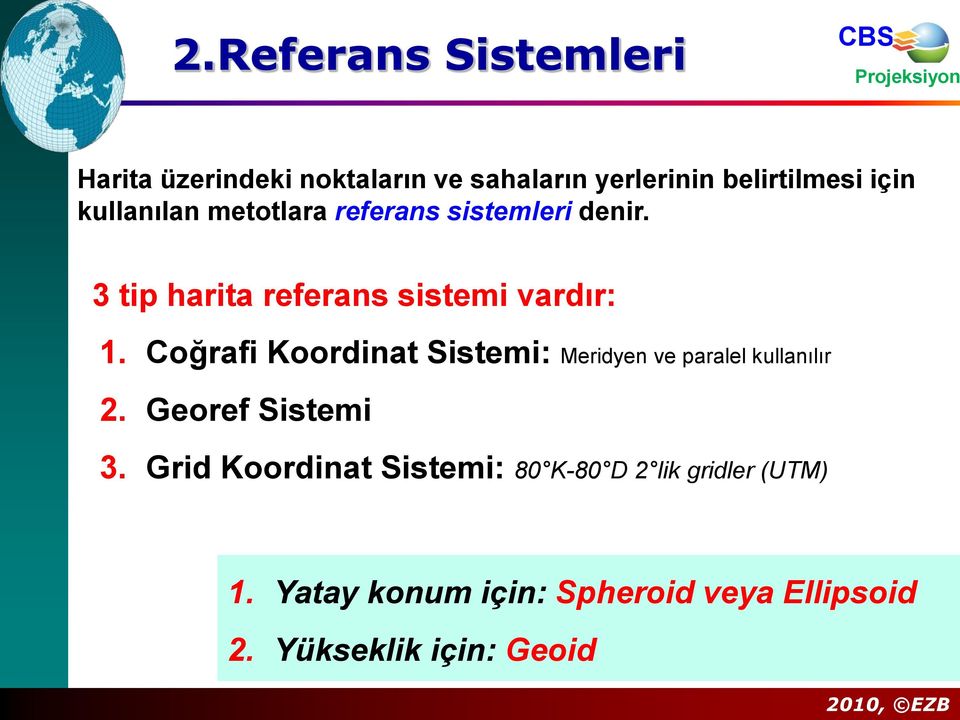 Coğrafi Koordinat Sistemi: Meridyen ve paralel kullanılır 2. Georef Sistemi 3.