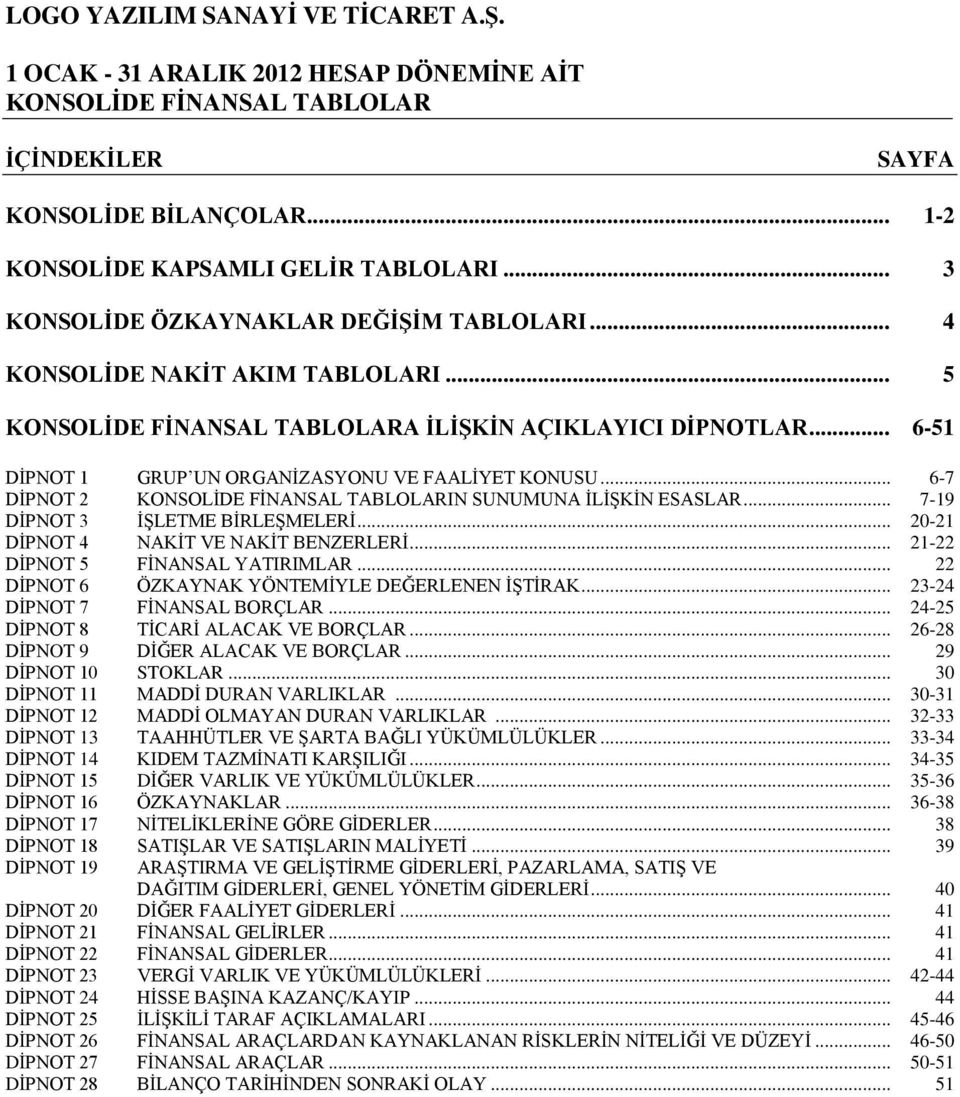 .. 7-19 DİPNOT 3 İŞLETME BİRLEŞMELERİ... 20-21 DİPNOT 4 NAKİT VE NAKİT BENZERLERİ... 21-22 DİPNOT 5 FİNANSAL YATIRIMLAR... 22 DİPNOT 6 ÖZKAYNAK YÖNTEMİYLE DEĞERLENEN İŞTİRAK.