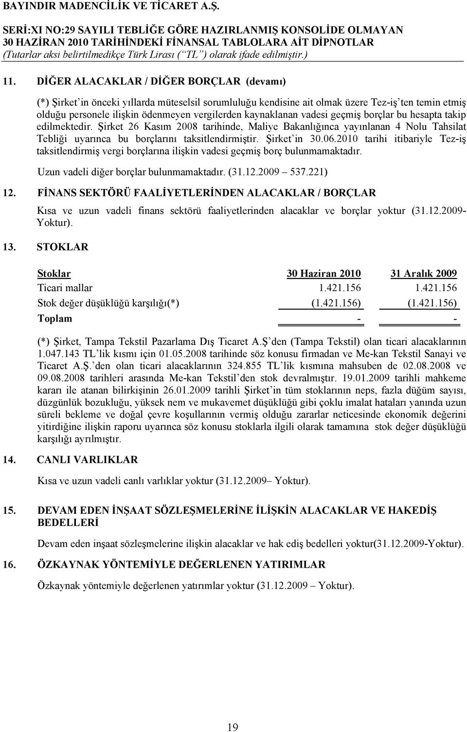 Şirket in 30.06.2010 tarihi itibariyle Tez-iş taksitlendirmiş vergi borçlarına ilişkin vadesi geçmiş borç bulunmamaktadır. Uzun vadeli diğer borçlar bulunmamaktadır. (31.12.2009 537.221) 12.