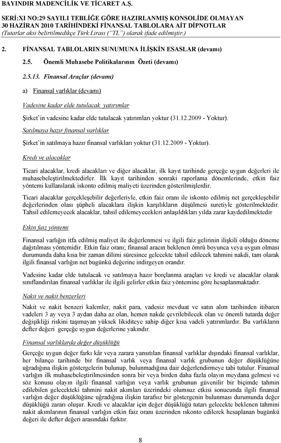 Satılmaya hazır finansal varlıklar Şirket in satılmaya hazır finansal varlıkları yoktur (31.12.2009 - Yoktur).