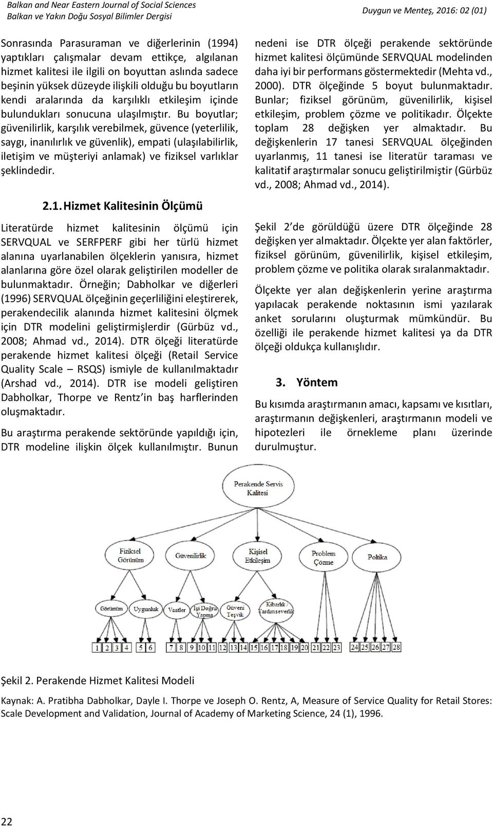 Bu boyutlar; güvenilirlik, karşılık verebilmek, güvence (yeterlilik, saygı, inanılırlık ve güvenlik), empati (ulaşılabilirlik, iletişim ve müşteriyi anlamak) ve fiziksel varlıklar şeklindedir. 2.1.