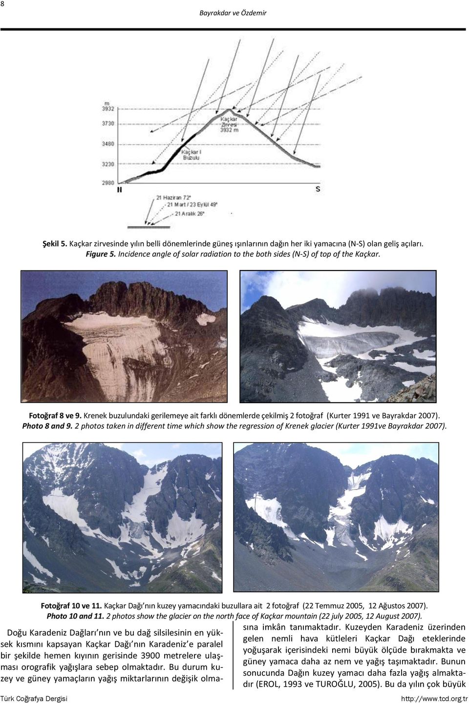 Krenek buzulundaki gerilemeye ait farklı dönemlerde çekilmiş 2 fotoğraf (Kurter 1991 ve Bayrakdar 2007). Photo 8 and 9.
