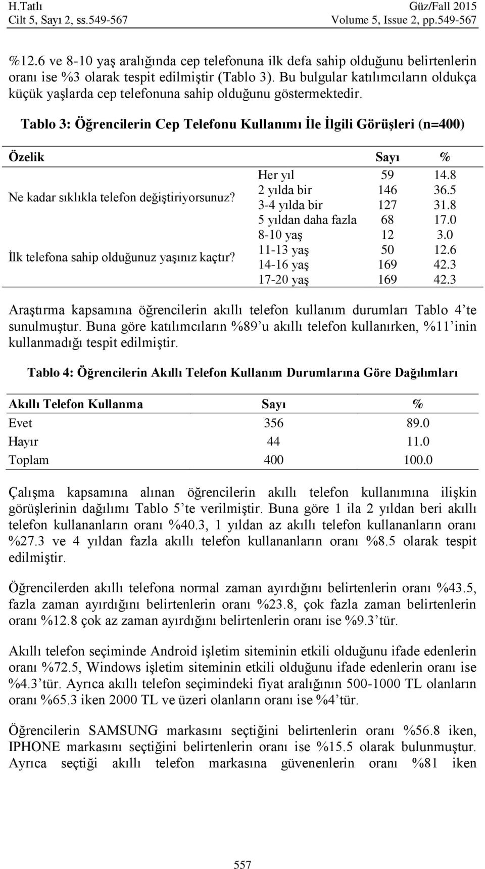 8 Ne kadar sıklıkla telefon değştryorsunuz? 2 yılda br 146 36.5 3-4 yılda br 127 31.8 5 yıldan daha fazla 68 17.0 8-10 yaş 12 3.0 İlk telefona sahp olduğunuz yaşınız kaçtır? 11-13 yaş 50 12.