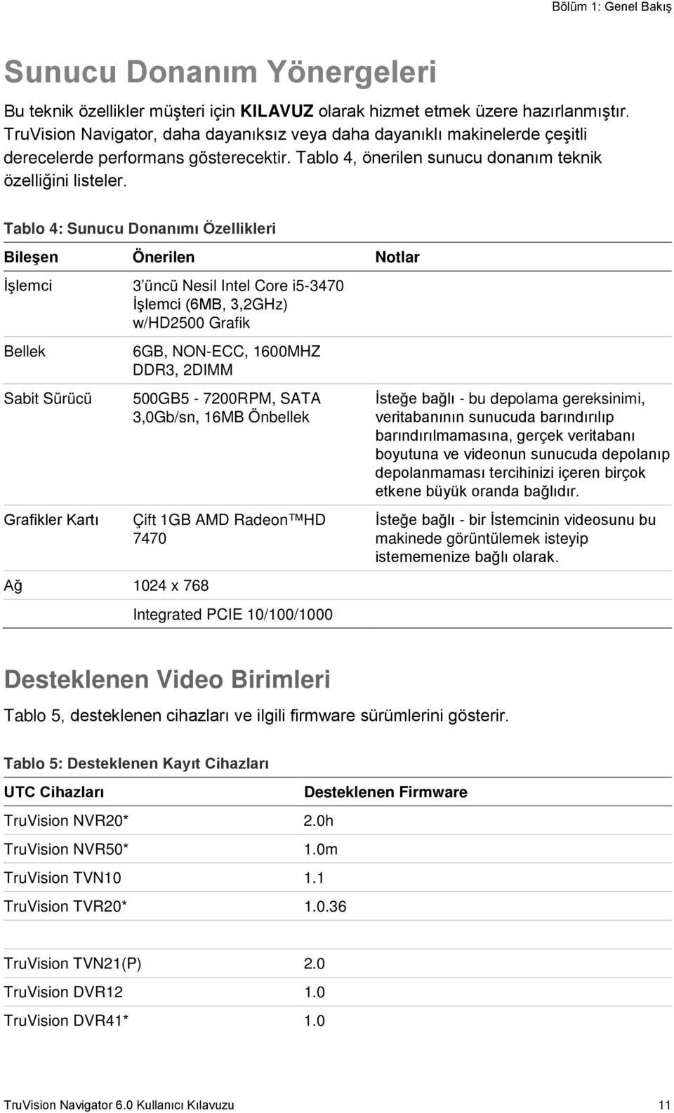 Tablo 4: Sunucu Donanımı Özellikleri Bileşen Önerilen Notlar İşlemci 3 üncü Nesil Intel Core i5-3470 İşlemci (6MB, 3,2GHz) w/hd2500 Grafik Bellek Sabit Sürücü Grafikler Kartı Ağ 1024 x 768 6GB,