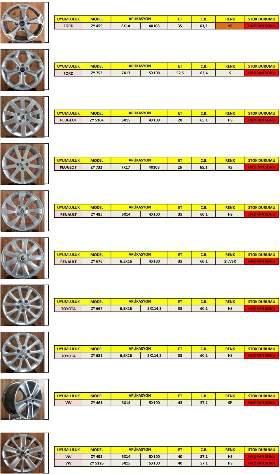 4X100 35 60,1 SILVER HAZİRAN SONU TOYOTA ZY 667 6,5X16 5X114,3 35 60,1 HS HAZİRAN SONU TOYOTA ZY 681 6,5X16 5X114,3 35 60,1 HS HAZİRAN