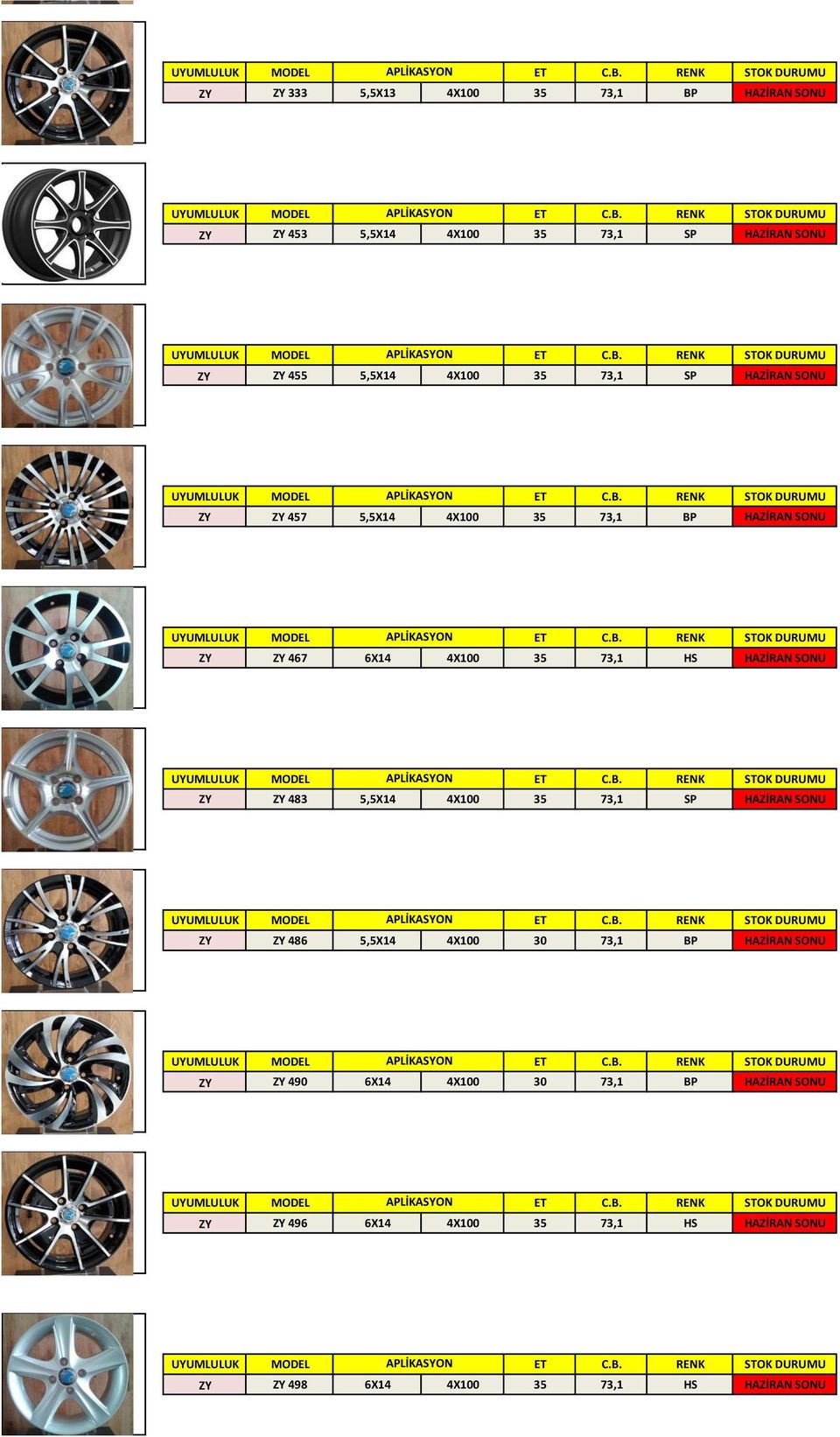 HAZİRAN SONU ZY ZY 483 5,5X14 4X100 35 73,1 SP HAZİRAN SONU ZY ZY 486 5,5X14 4X100 30 73,1 BP HAZİRAN SONU ZY ZY