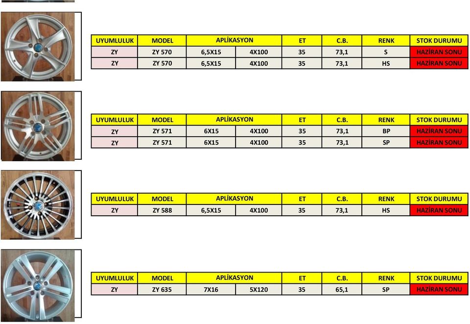 ZY ZY 571 6X15 4X100 35 73,1 SP HAZİRAN SONU ZY ZY 588 6,5X15 4X100