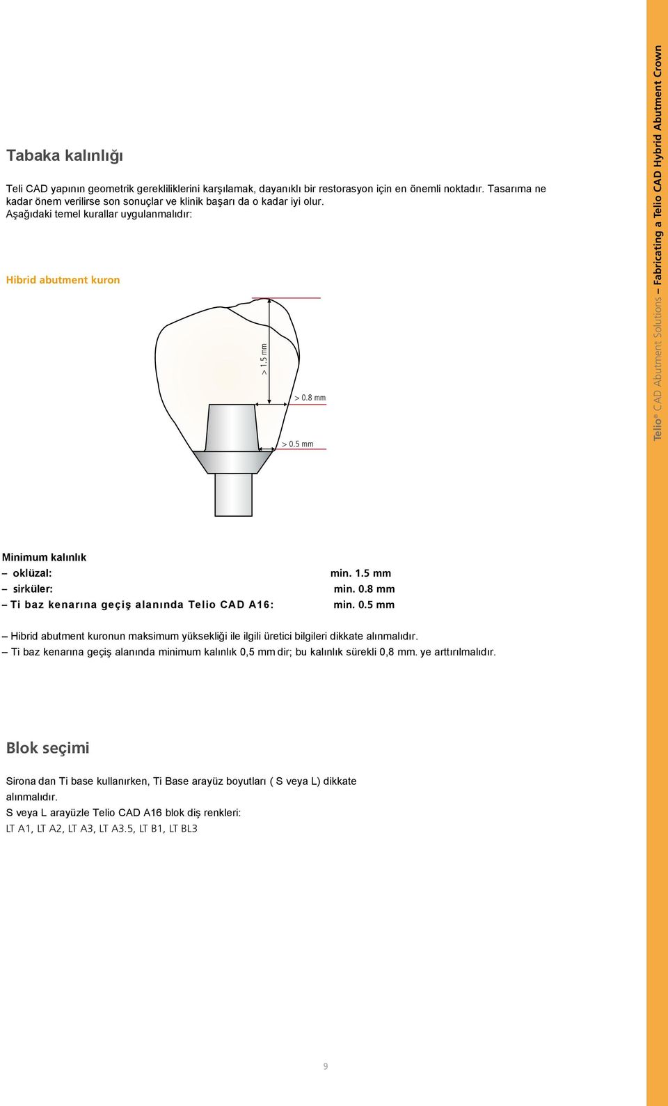 5 mm Telio CAD Abutment Solutions Fabricating a Telio CAD Hybrid Abutment Crown Minimum kalınlık oklüzal: min. 1.5 mm sirküler: min. 0.