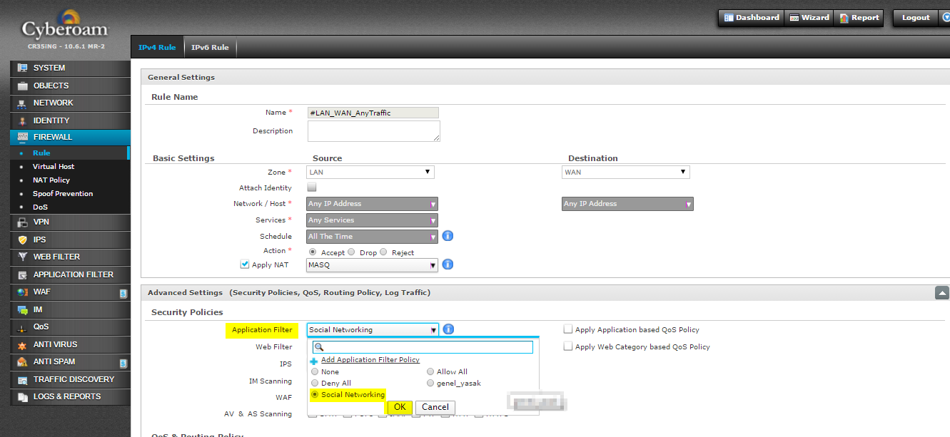 7- Security Policies > Application Filter > Social Networking > Ok diyerek ilgili kurala, hazırlanmış olan şablon