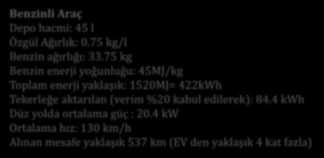 Elektrikli Araç Akü kapasitesi 24 kwh(iyi durumda batarya) (0.25kWh/kg) Elektrik Motor verimi (ortalama): %85 Tekerleğe aktarılan enerji: 20.4 kwh Düz yolda ortalama güç: 20.